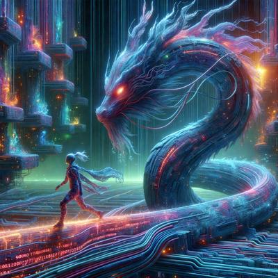 The primary subject of the image is a person, likely a woman, walking in front of a large, colorful dragon. The setting appears to be a futuristic, digital environment, possibly a video game or an artistic creation. The visual style is a combination of photo and digital art, creating a unique and captivating scene. The dominant colors in the image are blue and pink, giving the scene a vibrant and lively atmosphere.